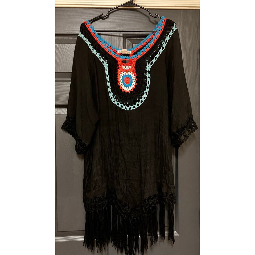 Beach Coverup Black Crochet L/XL Fringe Embroidered‎ COASTAL GRANNY Pool Summer